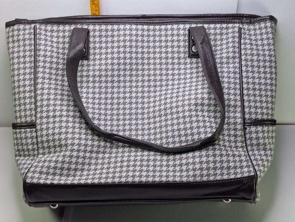 Thirty-One Large Houndstooth Shoulder Tote Bag Brown Trim Side Pockets
